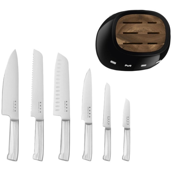 Набір кухонних ножів SMEG із підставкою (7 предметів, чорний глянцевий)